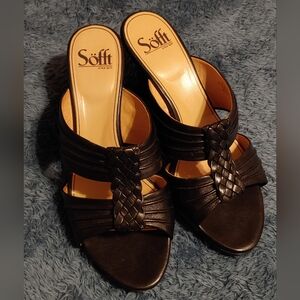 Sofft Women's Black Leather Ruched Braided High Heel Sandals 8W
